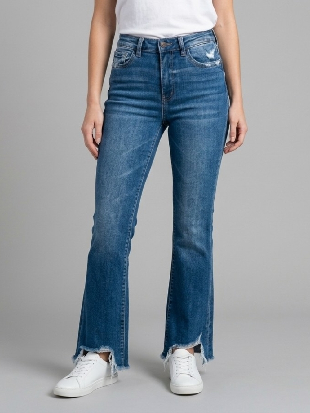 Velvet Medium Blue High-Rise Flare Jeans with Frayed Raw Hem - Picture 1 of 4